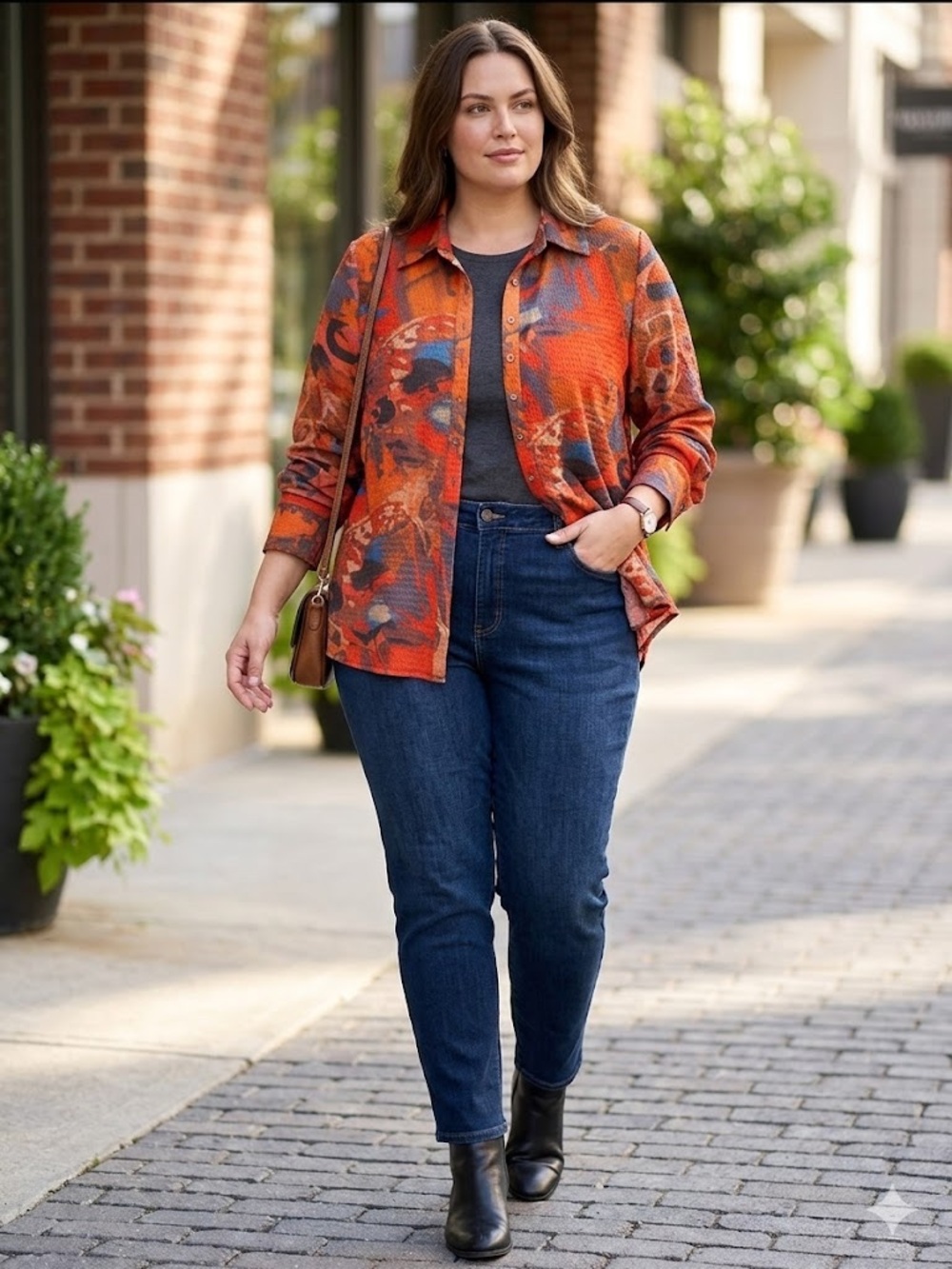 Calessa Button-Down Shirt in Orange Abstract Print